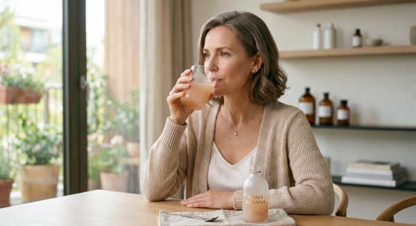 Mujer tomando un suplemento de colágeno hidrolizado para la salud de la piel.
