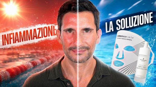 Uomo con maschera LED CurrentBody e sieri antimacchie Pavaglione Cosmetics per prevenire l'iperpigmentazione post-infiammatoria in estate.